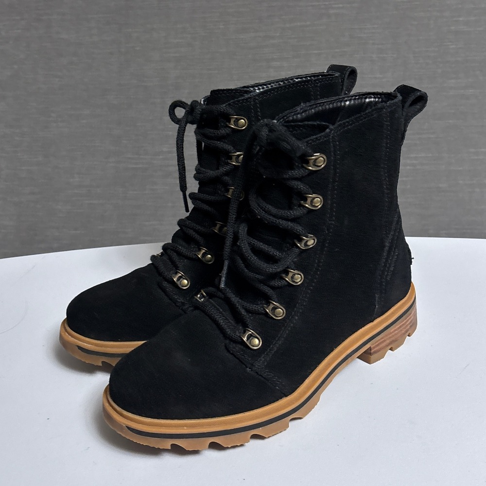 Sorel Lennox Lace Boots 8 Black Waterproof Suede Combat Lug Sole Winter Snow